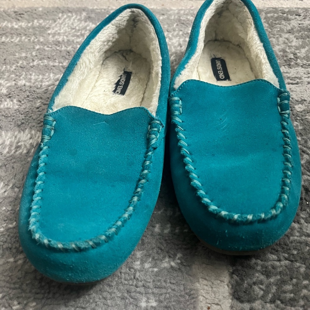 Lands' End Turquoise Moccasin Slippers - Picture 2 of 3